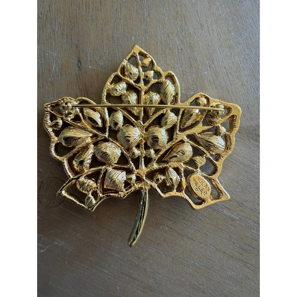 Nolan Miller Maple Leaf Brooch Citrine Amber Crystal Rhinestones